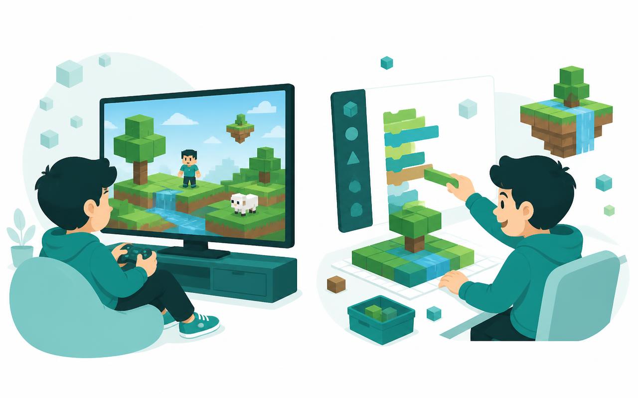 Split illustration comparing a child mining blocks by hand with the same child programming a robot to build