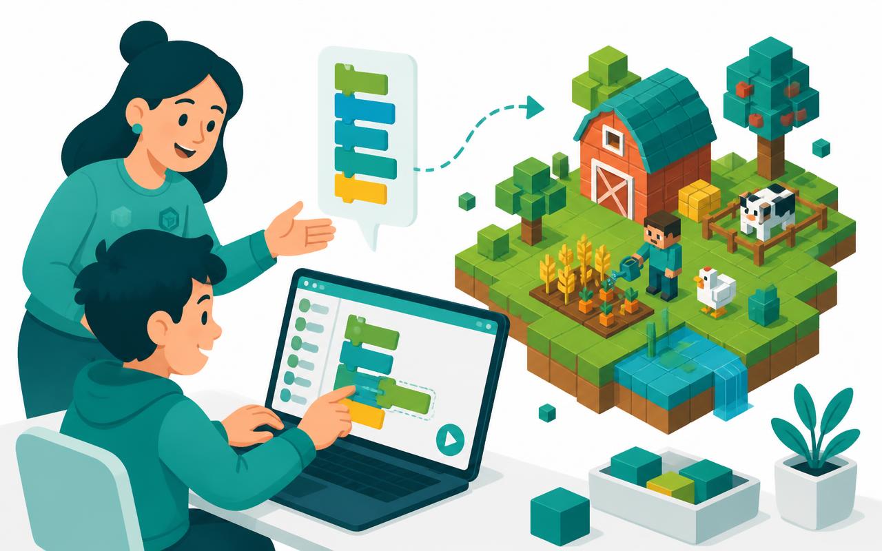 A voxel house and farm built automatically by a robot agent following loop blocks