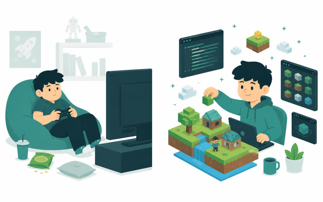 Split illustration comparing a child passively playing a game with the same child actively building one