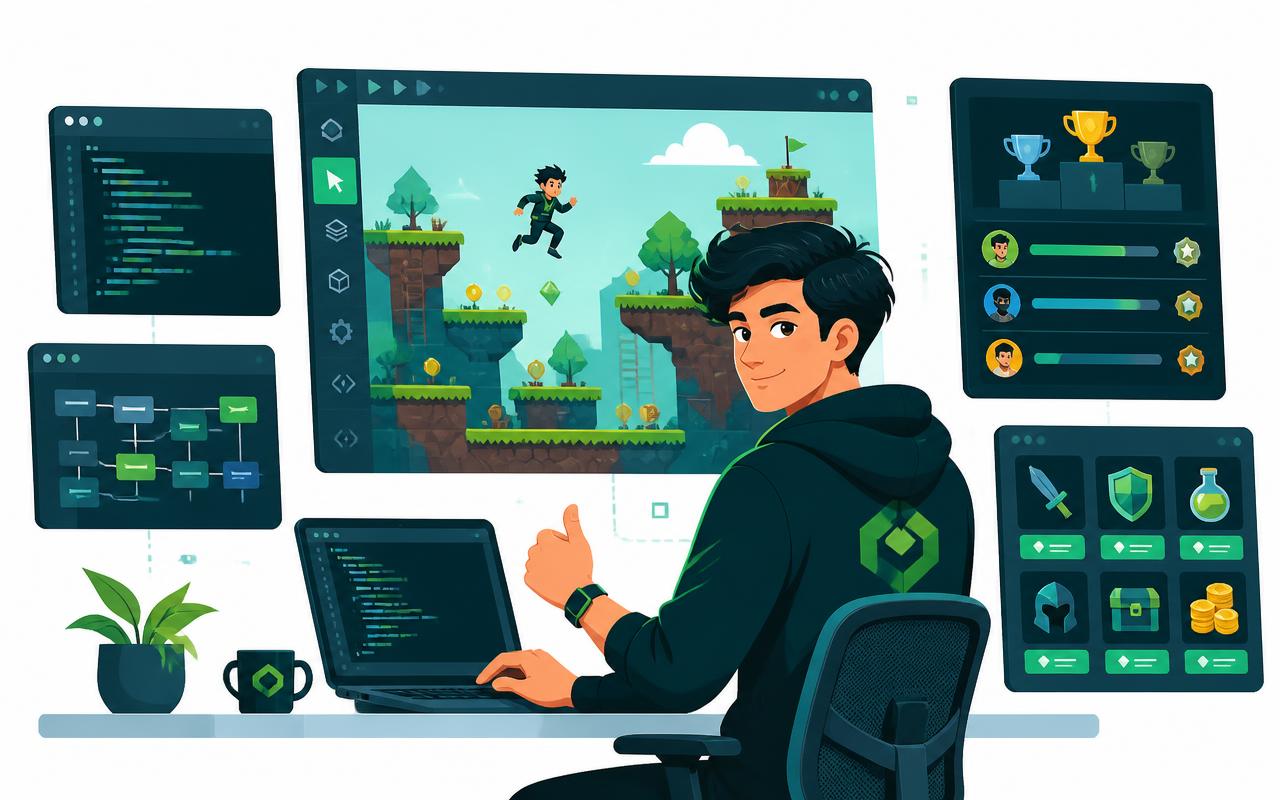 An advanced multiplayer game world with a shop, leaderboard and code editor panel