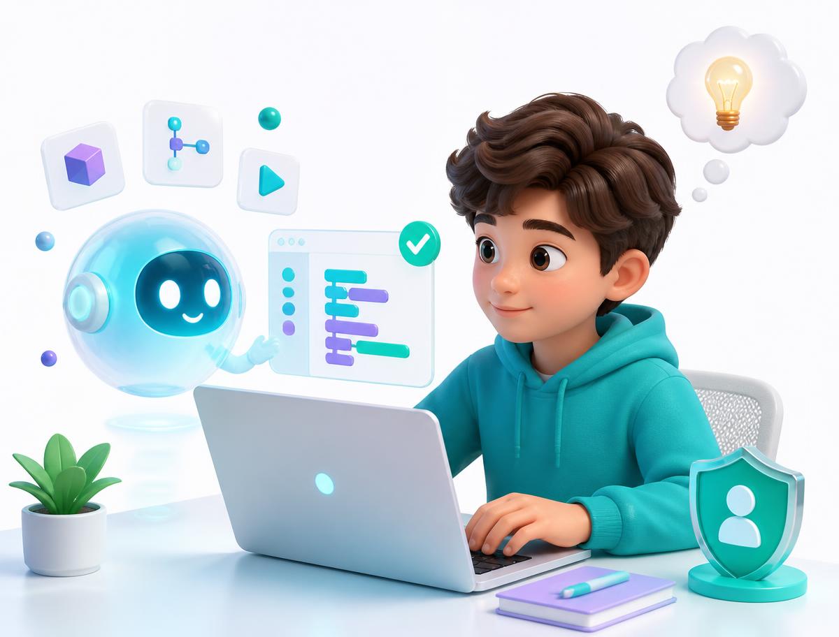 A child coding on a laptop with a friendly AI assistant offering suggestions