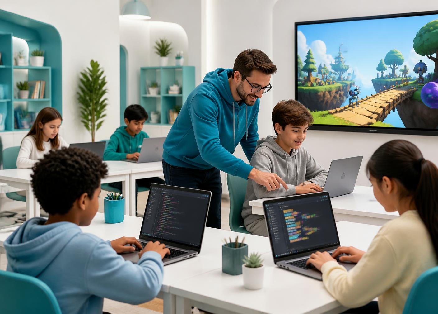 Students coding on laptops with an instructor in a bright Ultimate Coders classroom