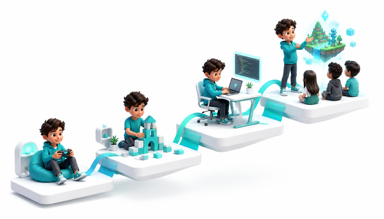 Four rising platforms showing a child progressing from playing games to presenting a game they built